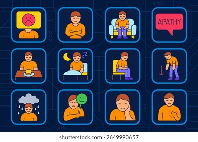 Depression set icon. Sad face, crossed arms, loneliness, apathy bubble, appetite loss, insomnia, sitting at night, isolation, energy drop, fake smile, emotional numbness, heartache.
