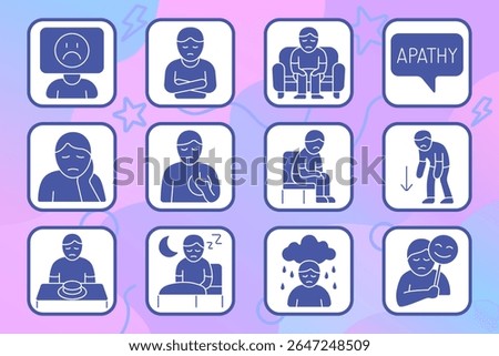 Depression set icon. Sad face, emotional pain, loneliness, apathy, fatigue, physical exhaustion, loss of appetite, sleep issues, fake smile, sadness, mental disorder.