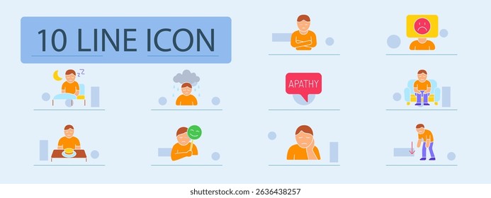 Depression set icon. Sad mood, insomnia, apathy, loneliness, fake smile, poor appetite, night sleep, sitting fatigue, emotional burnout, withdrawal, mental health issue.