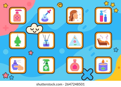 Depression set icon. Sad screen, arms crossed, man on couch, apathy bubble, no appetite, sleep in bed, chair sadness, energy drop, rainy mood, fake smile, tired face, heart pain