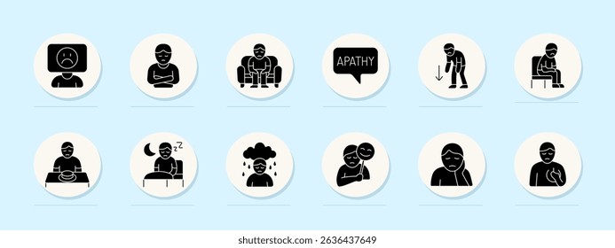 Depression set icon. Sadness, apathy, tired face, loneliness, mood drop, loss of interest, crying, masked emotion, fatigue, sleep change, appetite loss, self-isolation.