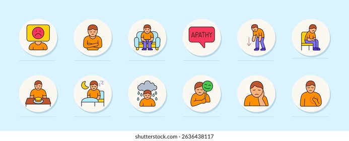 Depression set icon. Sadness, apathy, loneliness, mood decline, isolation, loss of interest, poor appetite, insomnia, crying, masking emotions, guilt, chest pain, mental distress.