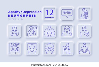 Ícone de conjunto de depressão. Tristeza, fadiga emocional, oscilações de humor, apatia, insônia, solidão, dores de coração, emoções falsas, rejeição de comida, concentração ruim, insônia, humor chuvoso, sorriso falso.