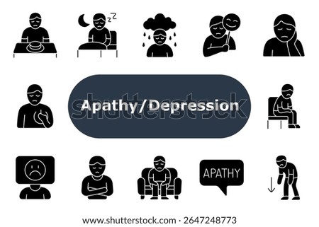 Depression set icon Solid icons of mental health symptoms: empty face, fake smile, sadness, insomnia, chest pain, inactivity, slouched pose, low energy, isolation, depressed mood.