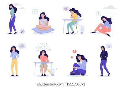 Depression signs and symptom. Infographic for people with mental health problems. Sad woman in despair. Stress and loneliness. Isolated flat illustration vector