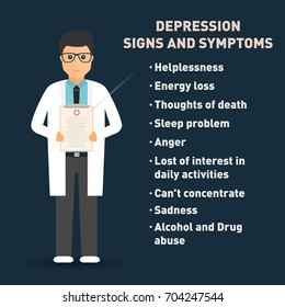 Depression signs and symptoms. Doctor with medical clipboard . Healthcare poster template. Vector