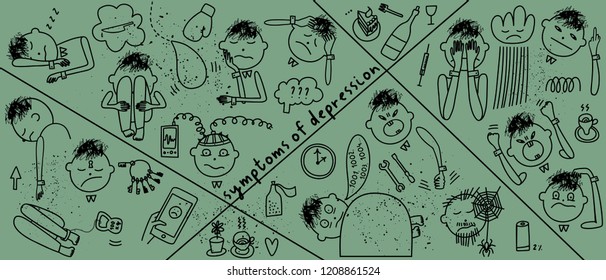 Depression signs and symptoms. Set of objects and characters. Vector illustration of problems of mental health. Doodle style