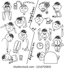 Depression signs and symptoms. Set of objects and characters. Vector illustration of problems of mental health. Doodle style