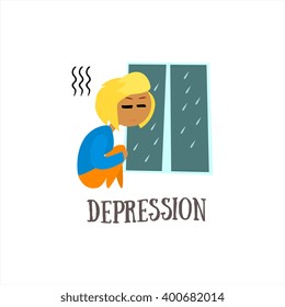 Depression Simplified Design Flat Vector Illustration On White Background
