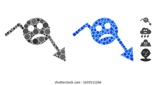 Depression smiley trend arrow mosaic of filled circles in various sizes and color hues, based on depression smiley trend arrow icon. Vector small circles are combined into blue mosaic.