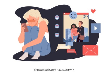 Depression and social media addiction. Loneliness and sadness issues, mental health of internet users, negative effects of online activity teens cartoon vector illustration