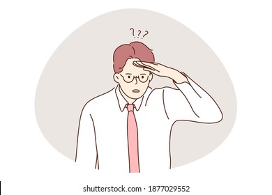 Depresión, estrés, concepto de duda. Jóvenes descontentos trabajadores de oficina parados y tratando de buscar oportunidades en el horizonte sintiéndose inseguros y falta de confianza en sí mismos ilustraciones vectoriales