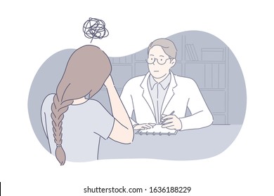 Depression, stress, frustration concept. Stressful woman has doctors appointment. Attentive psychotherapist listens to frustrated girls problem. Depression raises stress level. Simple flat vector