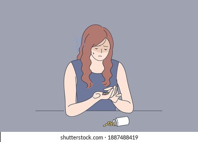 Depression, stress, grief concept. Young upset woman cartoon character sitting with pills and medical drugs and suffering from fatal disease vector illustration 