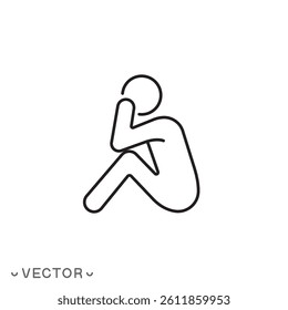 depression or stress icon, loneliness concept, sad and unhappy human, thin line symbol isolated on white background, editable stroke eps 10 vector illustration