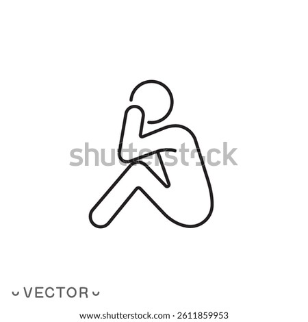 depression or stress icon, loneliness concept, sad and unhappy human, thin line symbol isolated on white background, editable stroke eps 10 vector illustration