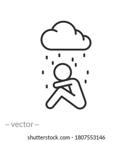 Depression Or Stress Icon, Sad And Unhappy Human, Grief Emotion Cloud, Loneliness Concept, Thin Line Web Symbol On White Background - Editable Stroke Vector Illustration Eps 10