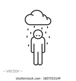 depression or stress icon, sad and unhappy human, grief emotion cloud, loneliness concept, thin line web symbol on white background - editable stroke vector illustration 