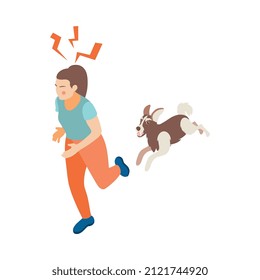 Tensión por depresión composición de iconos isométricos con mujer y perro en funcionamiento aislado en ilustración vectorial de fondo en blanco