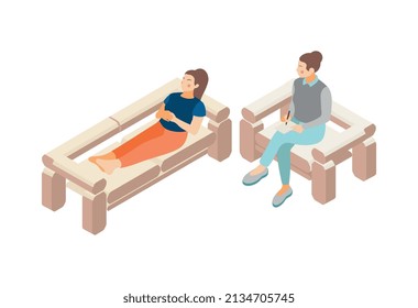 Depression stress isometric icons composition with isolated human characters of client and psychologist vector illustration