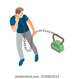 Depression stress isometric icons composition with isolated male character chained to dumbbell vector illustration