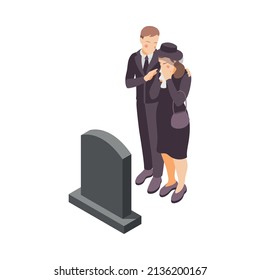 Depression stress isometric icons composition with isolated human characters at grave on blank background vector illustration