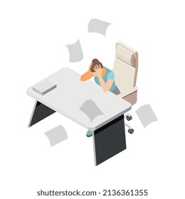 Depression stress isometric icons composition with isolated female character tired of paperwork vector illustration