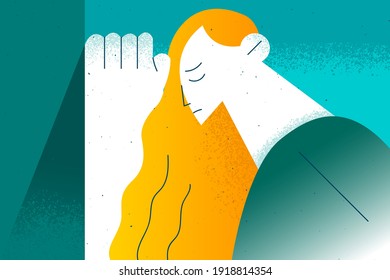 Depression, stress, negative emotions concept. Portrait of stressed sad young woman standing outdoors with eyes closed feeling grief or frustration in city vector illustration