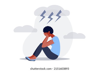 Depression, Stress, Unhappy Black Woman Sitting And Crying Under Cloudy Storm Sky. Sad Female, Mental Health Issues Concept. Depressed, Unhappy Girl In Flat Vector Illustration.