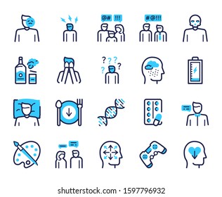 Depression symptoms blue linear vector icons set. Emotional burnout, nervous tension, fatigue signs. Alcohol abuse, apathy, lack of appetite contour symbols. Frustration, sadness outline illustrations