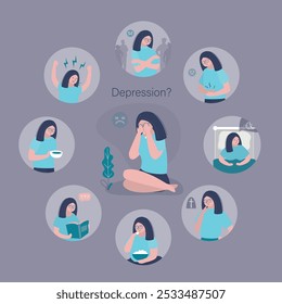 Depression symptoms infographic. Medical poster design, sad girl, female character in despair. Depression disorder, Mental health problem, stress and loneliness, anxiety emotional alone. flat vector