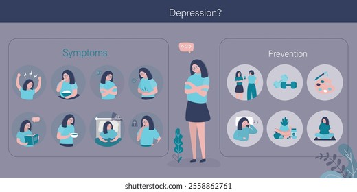 Depression symptoms and prevention, infographic banner, sick and crying woman with various signs and pictogram. Mental disorder, treatment of anxiety. Stress and loneliness. flat vector illustration
