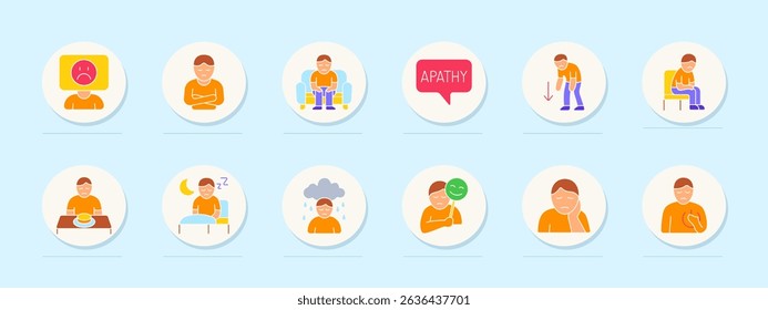 Depression symptoms set icon. Sadness, apathy, isolation, loss of interest, fatigue, insomnia, crying, mood swing, emptiness, despair, chest heaviness.