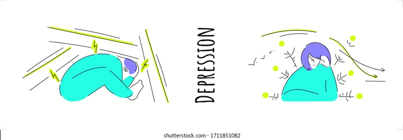 Depression symptoms vector image - mental illness two hand drawn illustrations of woman and man suffering in their sorrow.