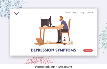 Depression Symtoms Landing Page Template. Overweight Male Character Sitting at Desk Working on Computer with Package, Bottles and Paper Rubbish around. Sedentary Lifestyle. Cartoon Vector Illustration