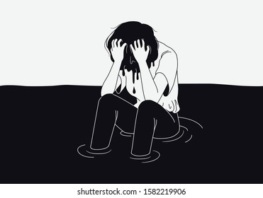 Depression teenager woman drowning in her regret, anxiety and stress. Mental health problem illustration