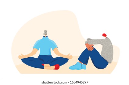 Depression therapy with meditation. Psychiatric isuess or psychological problems treatment. Therapist and character with bad mood training. Vector flat cartoon illustration.