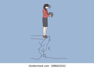 Depression and thinking of suicide concept. Young depressed woman standing on edge of abyss with heavy stone on neck and thinking of comitting suicide vector illustration 