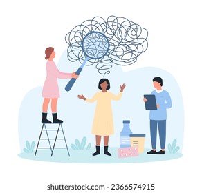 Depression treatment, mind therapy of psychology problem vector illustration. Cartoon tiny people holding magnifying glass to research tangled thread, psychotherapy session and medication cure