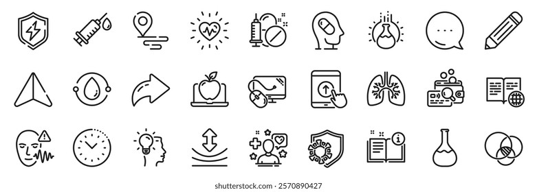 Depression treatment, Patient and Pencil line icons pack. Share, Message, Paper plane icons. Swipe up, Time management, Idea web icon. Internet book, Place, Manual pictogram. Vector