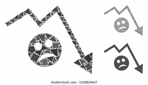 Depression trend arrow mosaic of unequal parts in various sizes and color tinges, based on depression trend arrow icon. Vector irregular items are combined into collage.