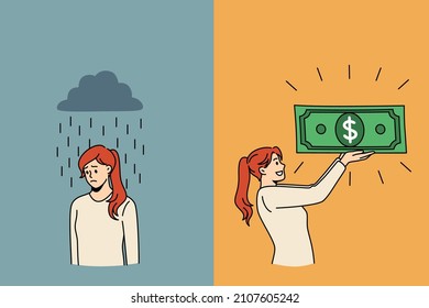 Depression and wealth success concept. Sad depressed unhappy woman under rain and happy smiling woman holding green dollar money cash in hands vector illustration 