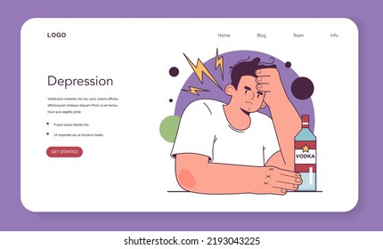 Depression web banner or landing page. Mental disorder, feeling of despair and helplessness. Depressive alcoholism, alcohol addiction.Angry man sitting with a bottle of vodka. Flat vector