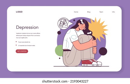Depression web banner or landing page. Mental disorder, feeling of despair and helplessness. Negative emotions and suffer. Crying female character. Flat vector illustration