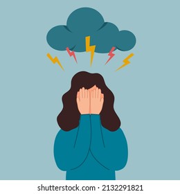 Mujer depresiva llorando bajo truenos y nubes. Mujer triste de diseño plano. Sentimiento infeliz.