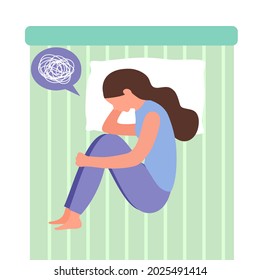 Depression woman lying on bed hugging her knees. Sad female in flat design. Unhappy feeling.