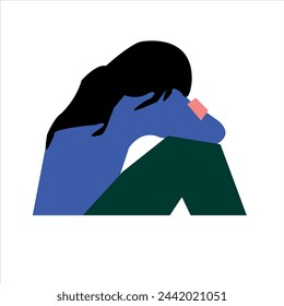 depression woman sit on the floor and hugging her knees. young woman confused. human character vector illustration. depression vector art icon graphic