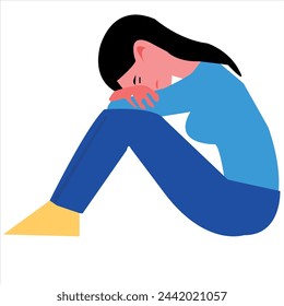 depression woman sit on the floor and hugging her knees. young woman confused. human character vector illustration. depression vector art icon graphic