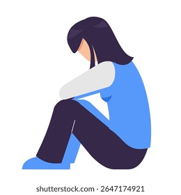 Mulher da depressão sentada no chão e abraçando os joelhos. Jovem confusa. Perturbação de ansiedade. Ilustração vetorial.