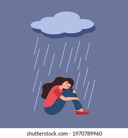  Depression woman sitting hugging her knees under rain and cloud. Sad female in flat design. Unhappy feeling.